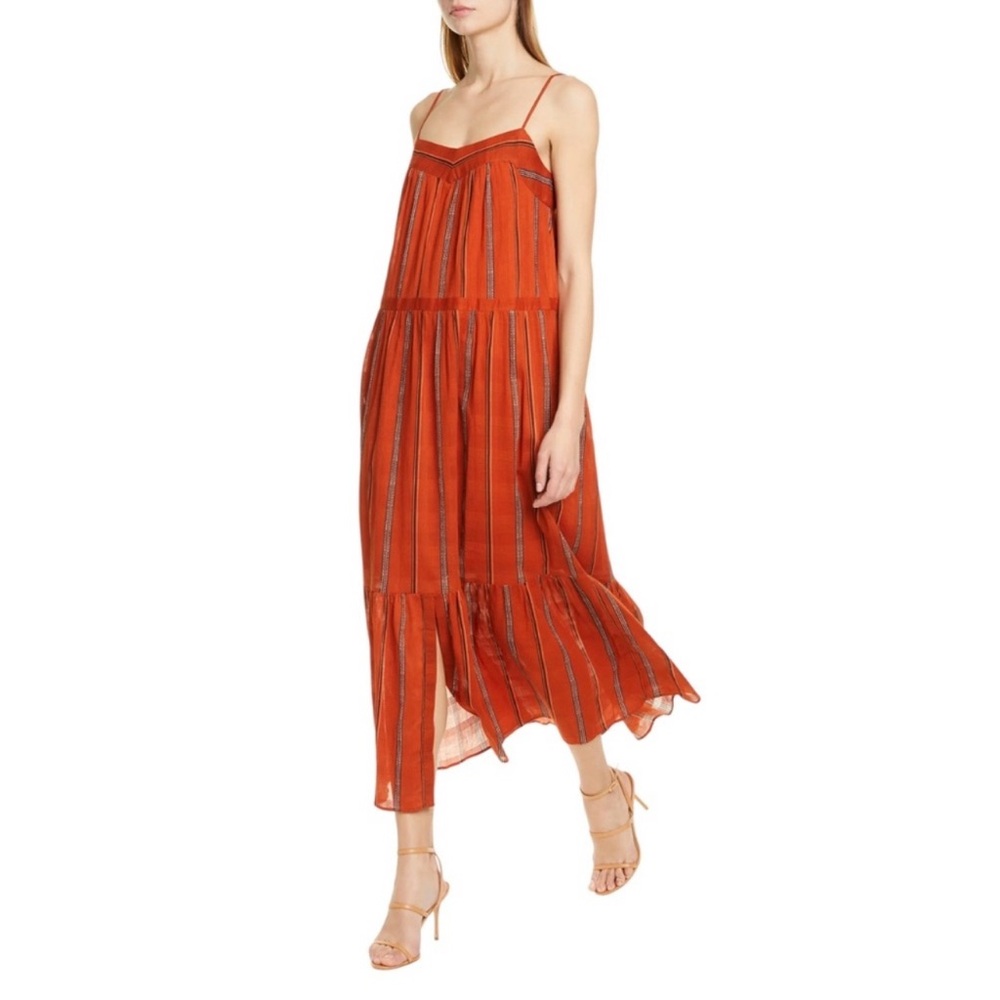 BA&SH Kyo Tiered Cotton Sleeveless Maxi Dress Caramel Brick Stripe Women's 6 - Picture 3 of 14